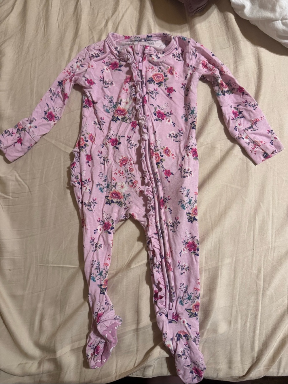 Posh Peanut Pink Floral Ruffle Footed One-Piece